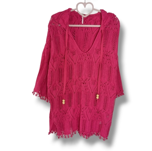 NEW FREE PEOPLE Hooded Crochet Bohemian Blouson Cover Up Mini Dress Size Small - Picture 3 of 6